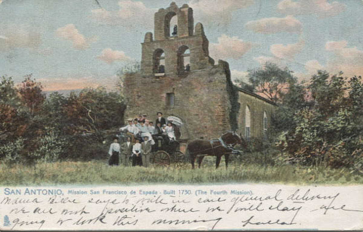 Then: When people went to Mission Espada around 1908 (when this card was postmarked), you could pose in front of it with your horse and buggy.