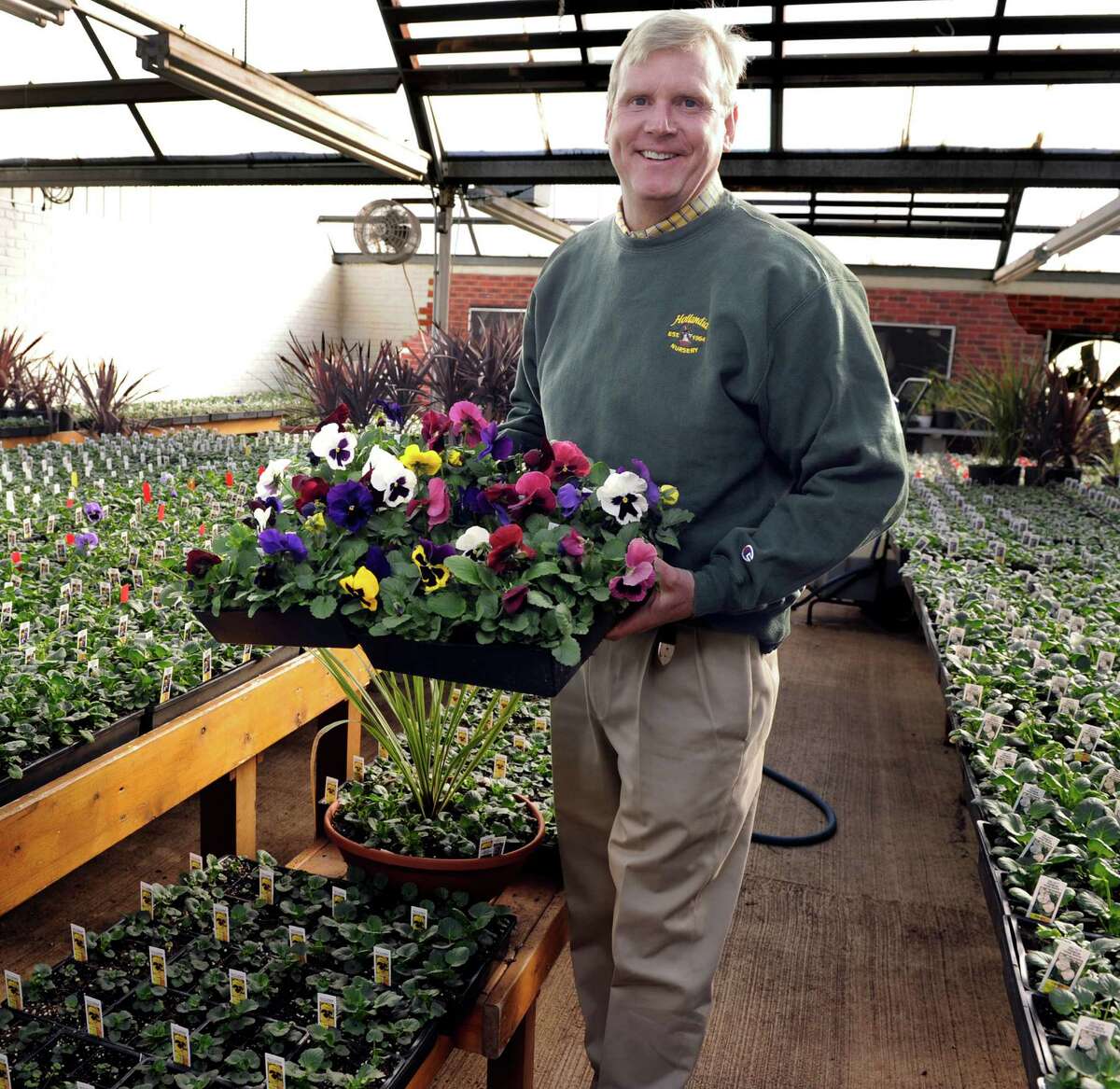 Eugene Reelick owner of Hollandia Nurseries, in Bethel, Conn., holds a tray of petunias in bloom. On either side of him are plants in the early stages of life, Thursday, march 19, 2015.