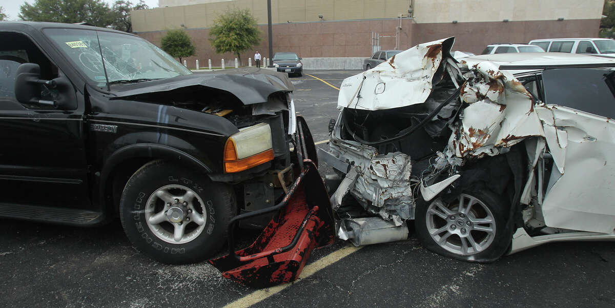 This file photo shows wrecked vehicles were shown to jurors last March during a DWI trial. A Bexar County jury recently gave a repeat drunken driving offender a 75-year sentence in a case involving a fatality.
