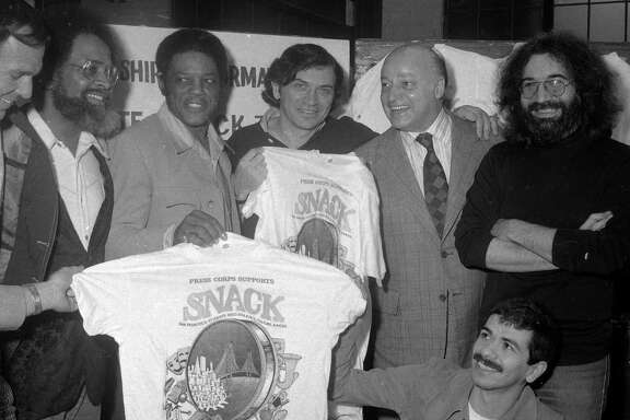 Feb. 19, 1975: A press conference promoting the SNACK concert, organized by Bill Graham with the support of Mayor Joe Alioto, Willie Mays, Cecil Williams, Jerry Garcia and Carlos Santana.