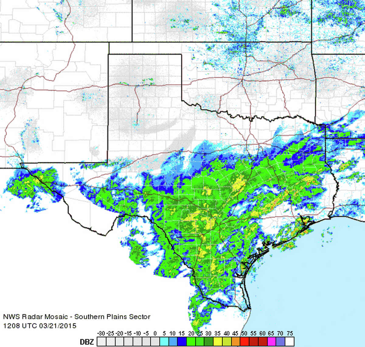 Weather radar map of Texas from the National Weather Service at 9 a.m., Saturday, March 21.