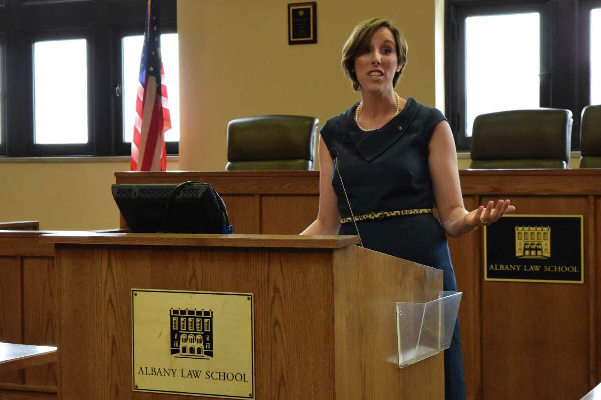 Cathryn Oakley, legislative counsel for State and Municipal Advocacy at the Human Rights Campaign, spoke about lesbian, gay, bisexual and transgender equality at the LGBT Law Day on March 21, 2015 at the Albany Law School. (Brittany Horn / Times Union)