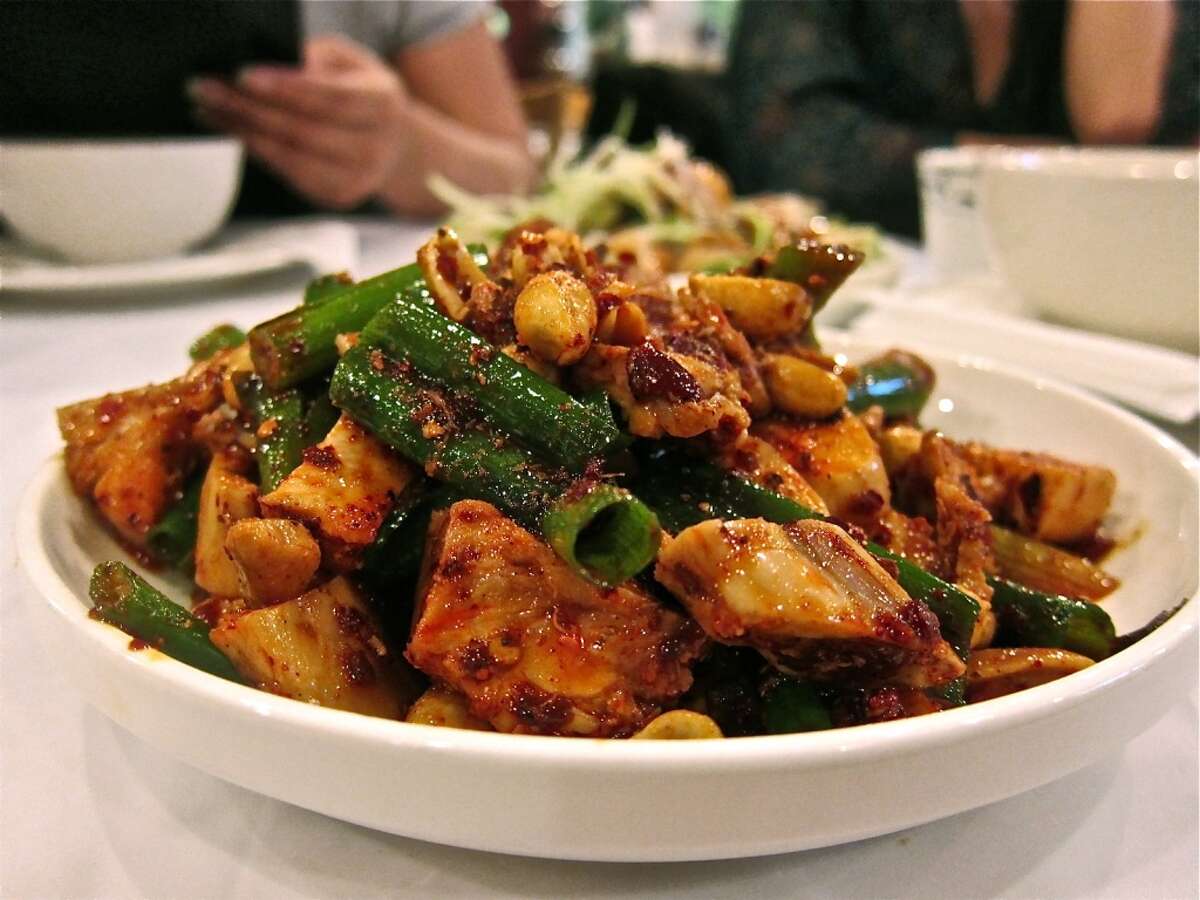Red oil rabbit with toasted peanut and scallions, Mala Sichuan. Photo by Alison Cook