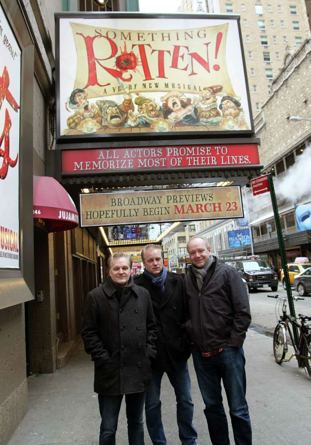 Wayne Kirkpatrick (left), Karey Kirkpatrick and John O’Farrell created the Broadway musical “Something Rotten.”