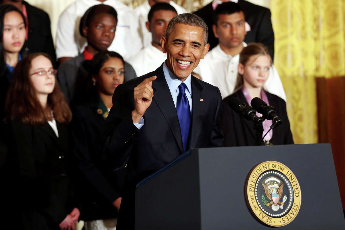 President Barack Obama speaks to a group of students, scientists, teachers and government officials during the White House Science Fair, Monday, March 23, 2015.