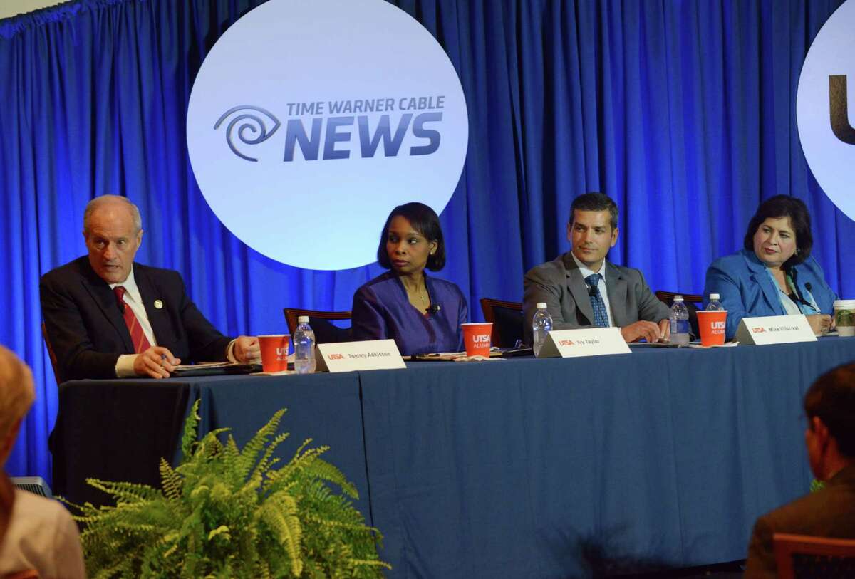 Former Bexar County Commissioner Tommy Adkisson, left, Mayor Ivy Taylor, former state Rep. Mike Villarreal and former State Sen. Leticia Van de Putte participate in a mayoral debate at UTSA on Wednesday, March 25, 2015.