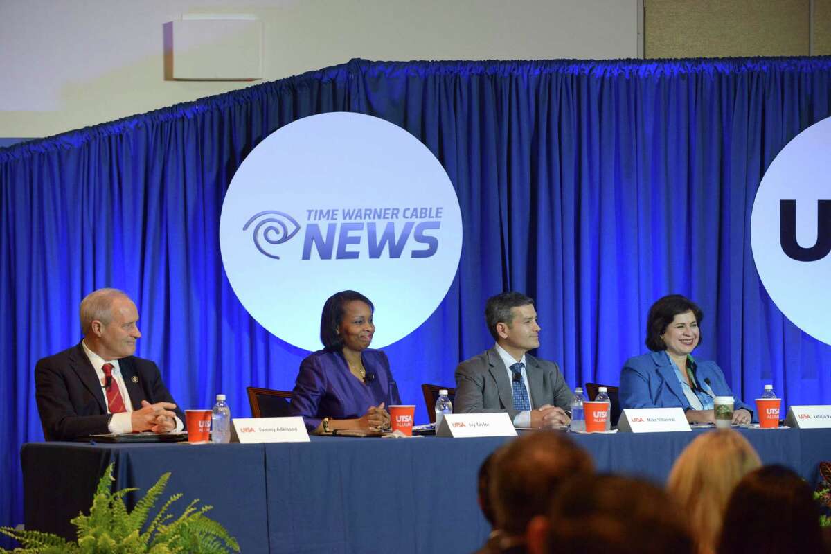 Former Bexar County Commissioner Tommy Adkisson, left, Mayor Ivy Taylor, former state Rep. Mike Villarreal and former State Sen. Leticia Van de Putte participate in a mayoral debate at UTSA on Wednesday, March 25, 2015.