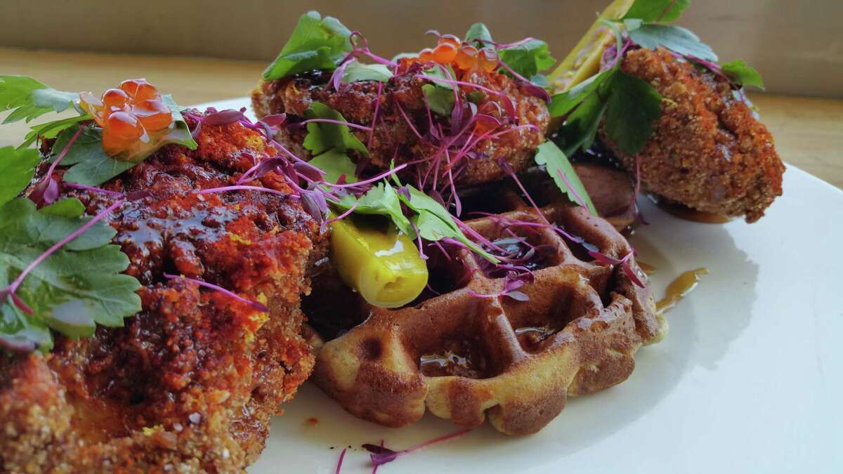 Fish and Waffles from the brunch menu at Starfish restaurant.