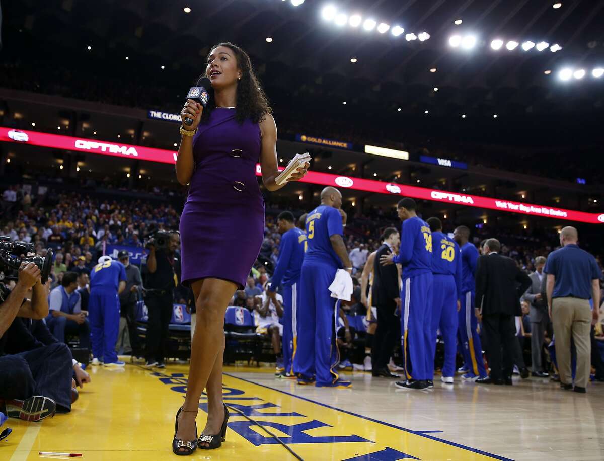 Golden State Warriors' sideline reporter Rosalyn Gold-Onwude during Warriors' 114-95 win over Atlanta Hawks at Oracle Arena in Oakland, Calif., on Wednesday, March 18, 2015.