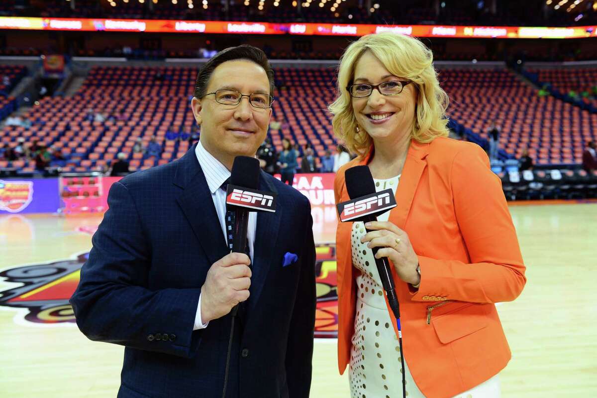ESPN play by play announcers Dave O'Brien, left, and Doris Burke during the Women's Final Four. (Phil Ellsworth / ESPN Images)