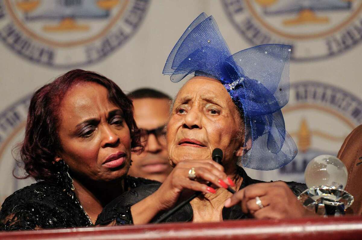 108 year-old Emma Didlake was given the James Weldon Johnson lifetime achievement award at Detroit NAACP's 58th Annual Freedom Fund Dinner Sunday evening at the Cobo Center in Detroit, April 28. Didlake grew up in Kentucky, and in 1944, with her husband and 5 children, she moved to Detroit. Didlake joined the NAACP in 1945. She is a lifetime member of the NAACP, Golden Heritage and Diamond Member. Didlake was a cosmetologist by trade, but also a veteran of the U.S. army's Women's Army Corp. She has was an educator at Second Baptist Church and held many positions within the church, like editor of the Baptist Star Network. Didlake is the Detroit NAACP's branch 'Matriarch'. (Tanya Moutzalias | MLive.com)