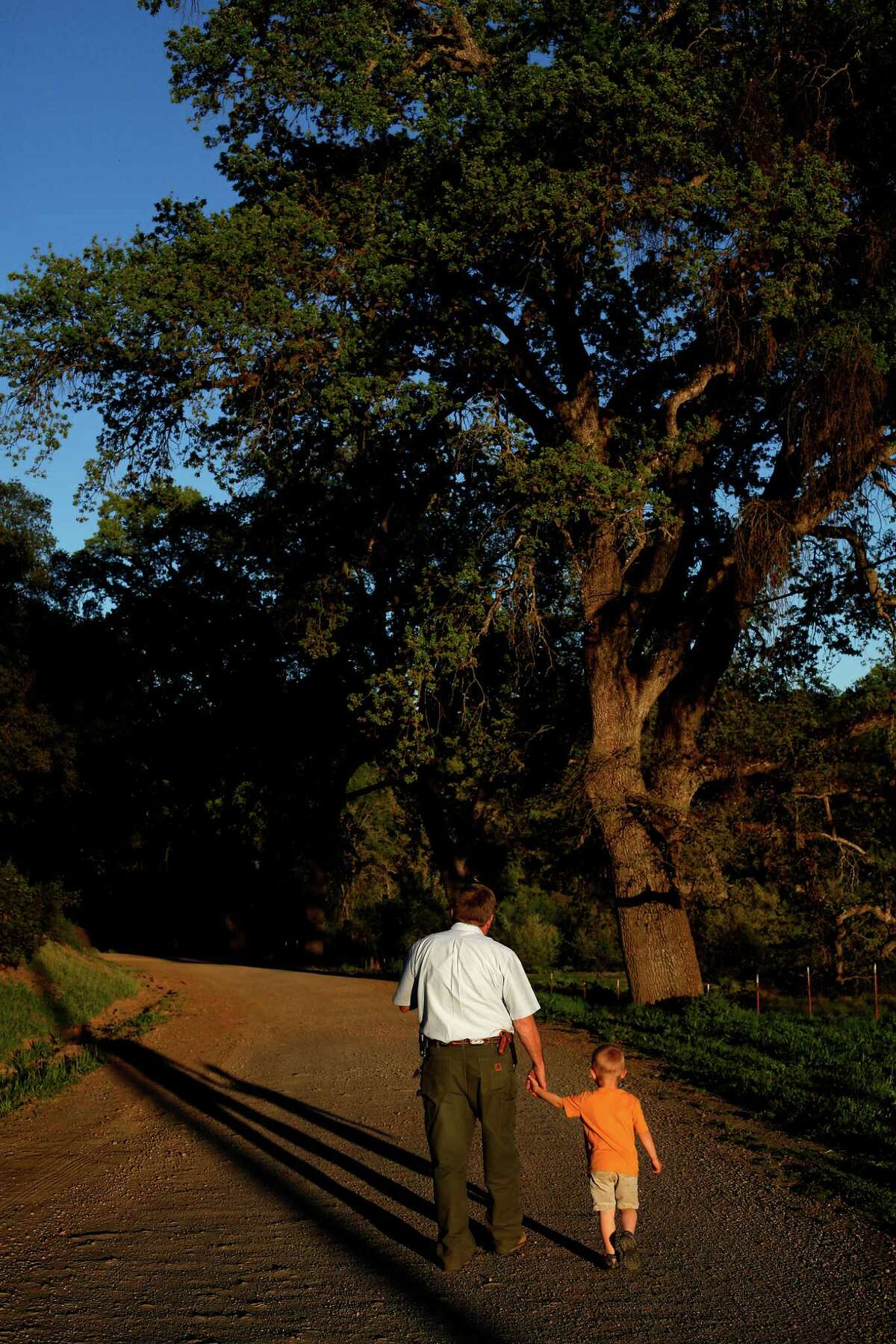 Kaj Ahlmann, owner of Six Sigma Ranch & Winery, walks with his grandson Caleb Ahlmann, 4, on his property in Lower Lake.