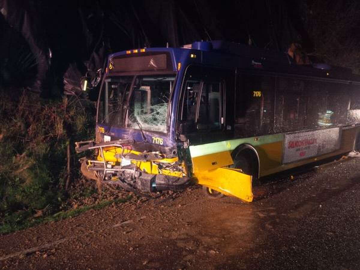 The Metro bus is seen after a car collided with it early on the morning of Tuesday, March 31, 2015. The driver of the car was killed. Washington State Patrol photo