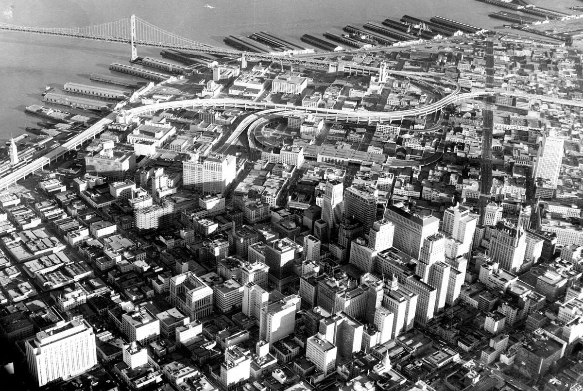 An aerial view of San Francisco’s skyline in February 1959, more than a decade after Caen’s first book.