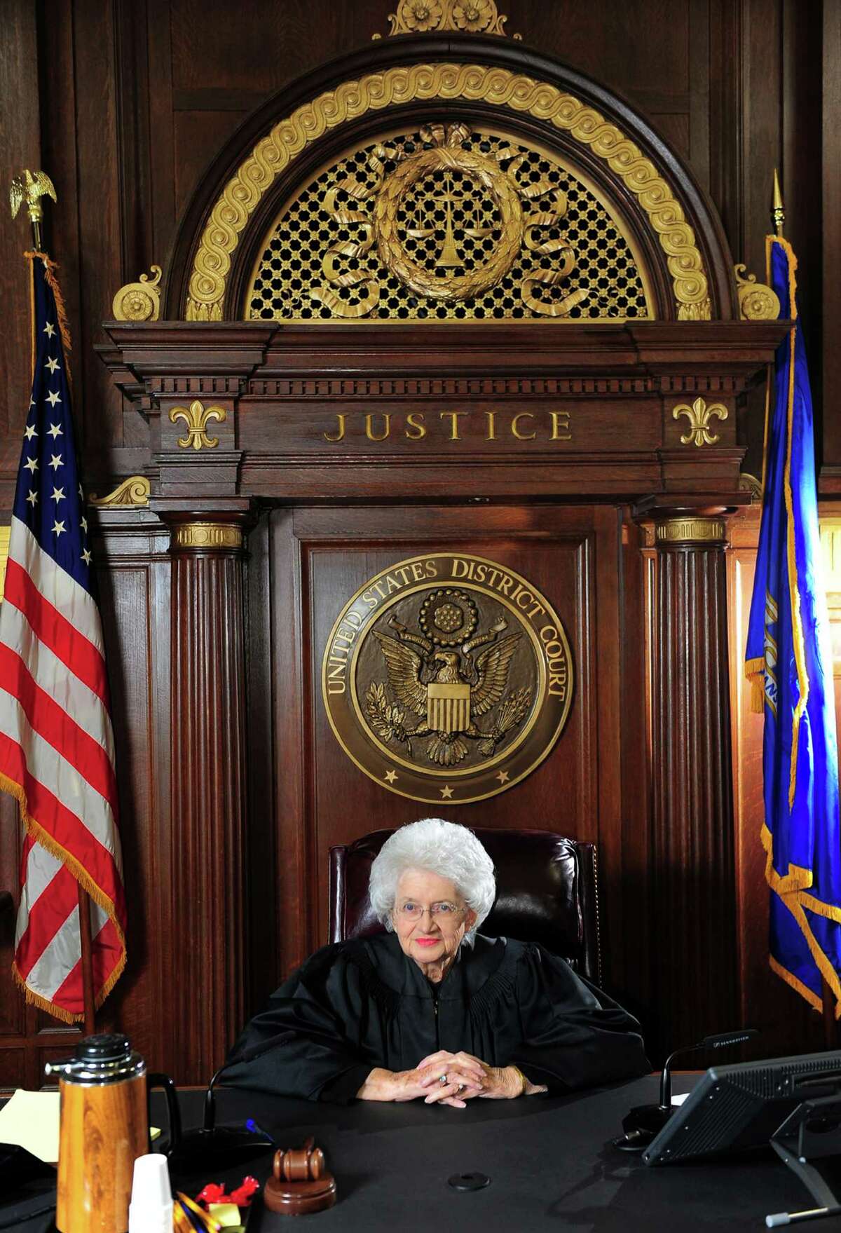 Ellen Bree Burns, a Senior United States federal judge at Federal Courthouse in New Haven, poses for a portrait in her courtroom in New Haven. After almost 40 years on the bench, Burns will be retiring at 91 years old.