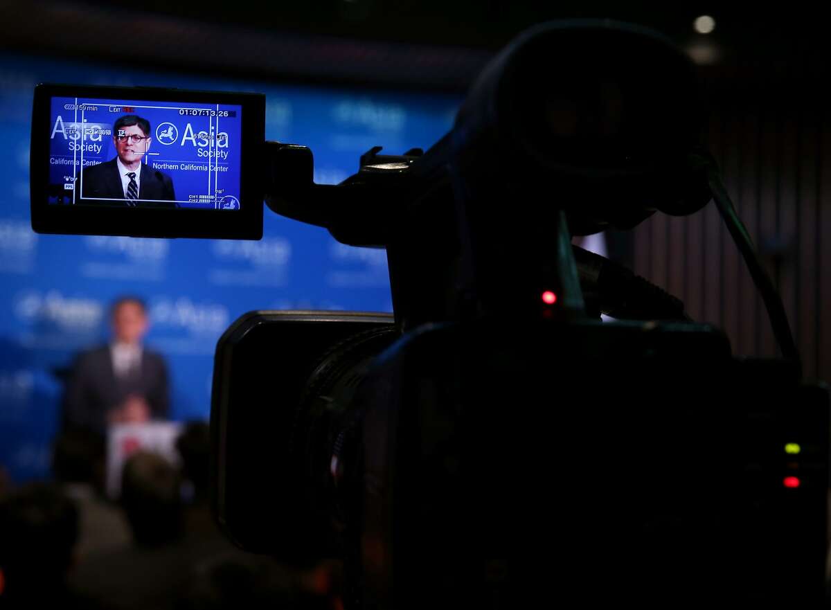 A video camera records a speech by U.S. Secretary of the Treasury Jacob Lew to the Asia Society in San Francisco, Calif. on Tuesday, March 31, 2015.