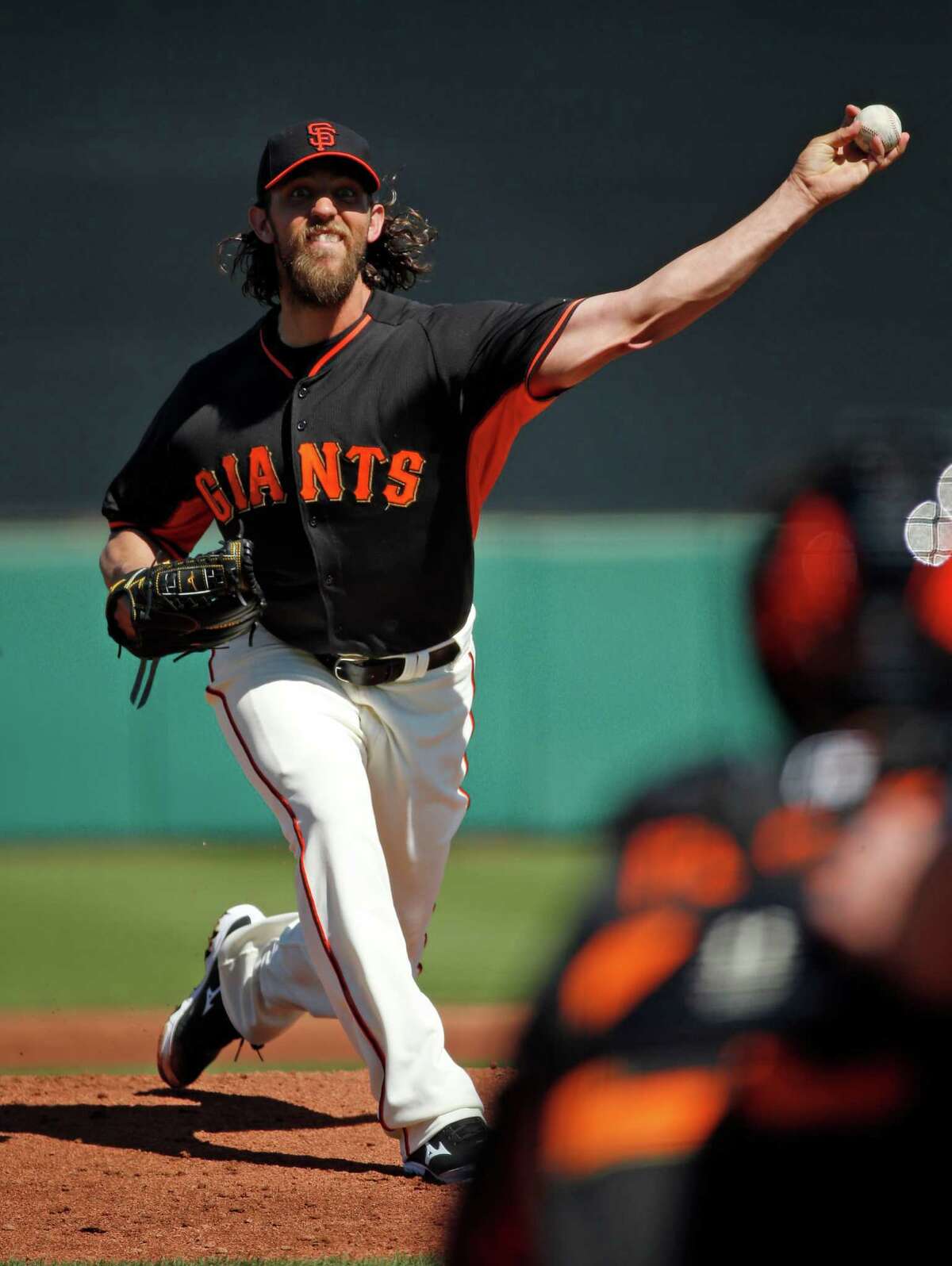 San Francisco Giants' Madison Bumgarner against San Diego Padres in Spring Training Cactus League game at Scottsdale Stadium in Scottsdale, Arizona, on Saturday, March 7, 2015.