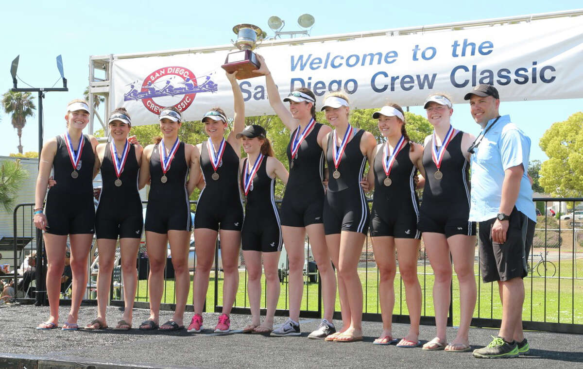 Westport's Saugatuck Rowing Club varsity girls eight bested a talented field from across the country yesterday, bringing home the gold in the two-kilometer race. The team of Willemijn ten Cate, Nica Wardell, Amra Sabovic, Genevieve Esse, coxswain Lexi Bralver, Lelia Boley, Margaret Manley, Katherine Ratcliffe and Alison Morrison also won the Head of the Charles Regatta in Boston last fall. Pictured with the team is coach Chase Graham.