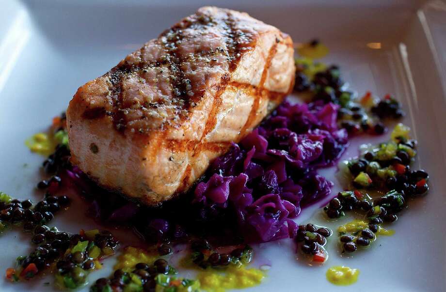 grilled wild salmon with braised red cabbage and black lentil