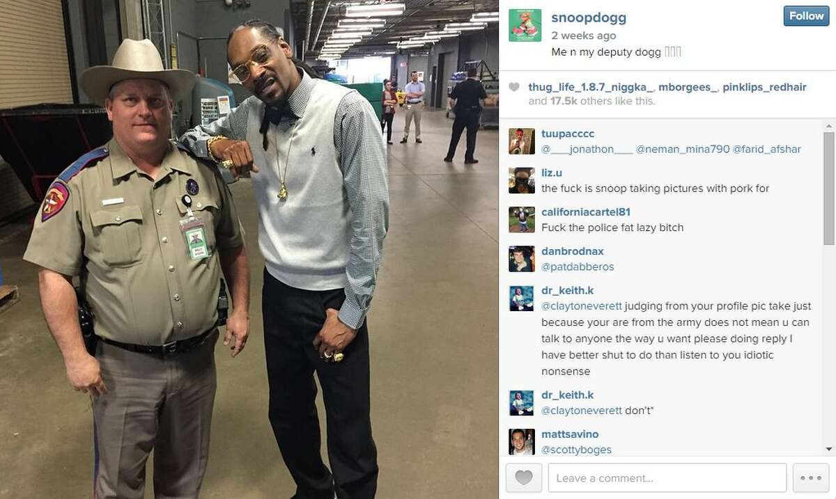 Billy Spears, a trooper for the Texas Department of Public Safety, is in trouble for allowing rapper Snoop Dogg to pose with him for a picture published on the rapper's Instagram page during the South by Southwest Festival, according to the Dallas Morning News. DMN's Christy Hoppe reports that Spears must undergo counseling for taking the photo with "a public figure who has a well-known criminal background," according to a department counseling reprimand.