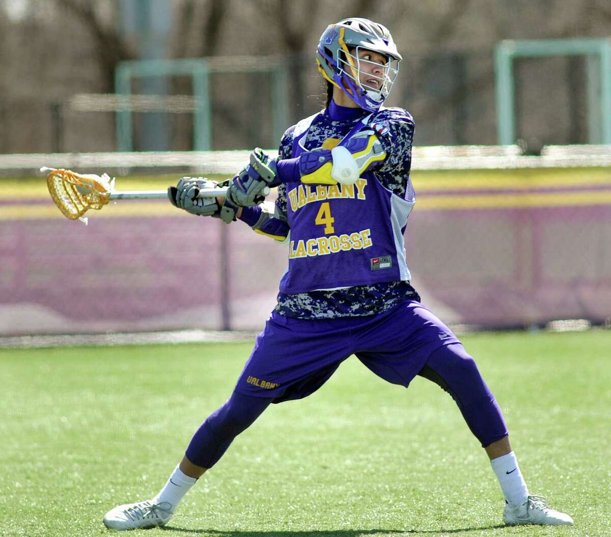 UAlbany's Lyle Thompson takes a shot during lacrosse practice on Wednesday, April 1, 2015, at UAlbany in Albany, N.Y. (Cindy Schultz / Times Union)