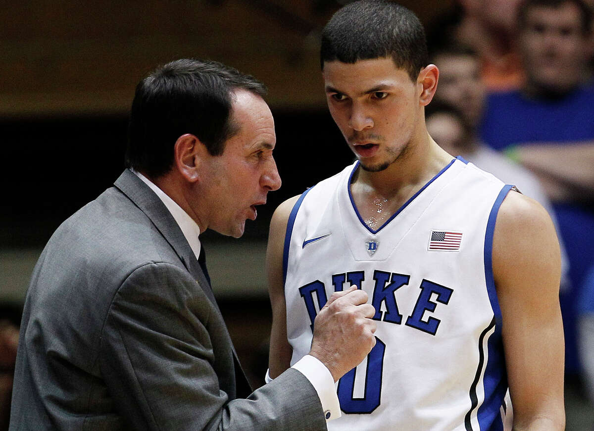 Duke coach Mike Krzyzewski speaks with Austin Rivers during the first half against Florida State in Durham, N.C., in 2012. There was a time when Krzyzewski led Final Four teams built around players who stayed for years to grow into tournament-tested veterans. No longer, not in today's one-and-done world in which top players rarely stick around long.