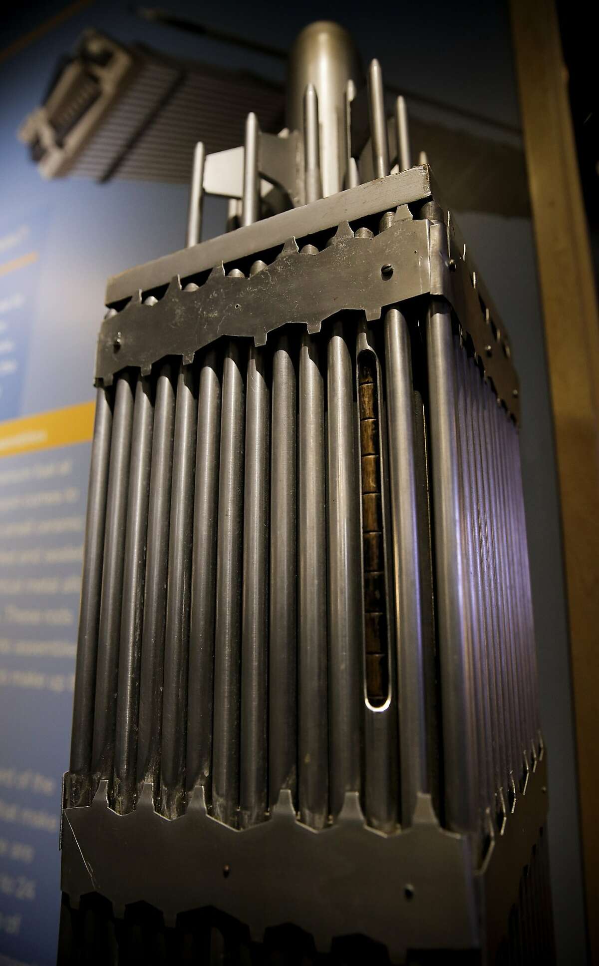 A model of the uranium fuel used in the reactors is seen at the visitors center, which shows the small ceramic pellets inserted and sealed into long,vertical metal alloy tubes or rods, at the Diablo Canyon Nuclear Power plant in San Luis Obispo, Calif., as seen on Tues. March 31, 2015.