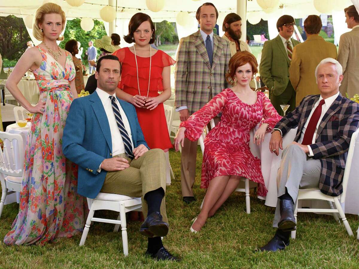 “Mad Men’s” core cast returns for final seven episodes on AMC. They include (from left) January Jones as Betty Francis, Jon Hamm as Don Draper, Elisabeth Moss as Peggy Olson, Vincent Kartheiser as Pete Campbell, Christina Hendricks as Joan Holloway and John Slattery as Roger Sterling.