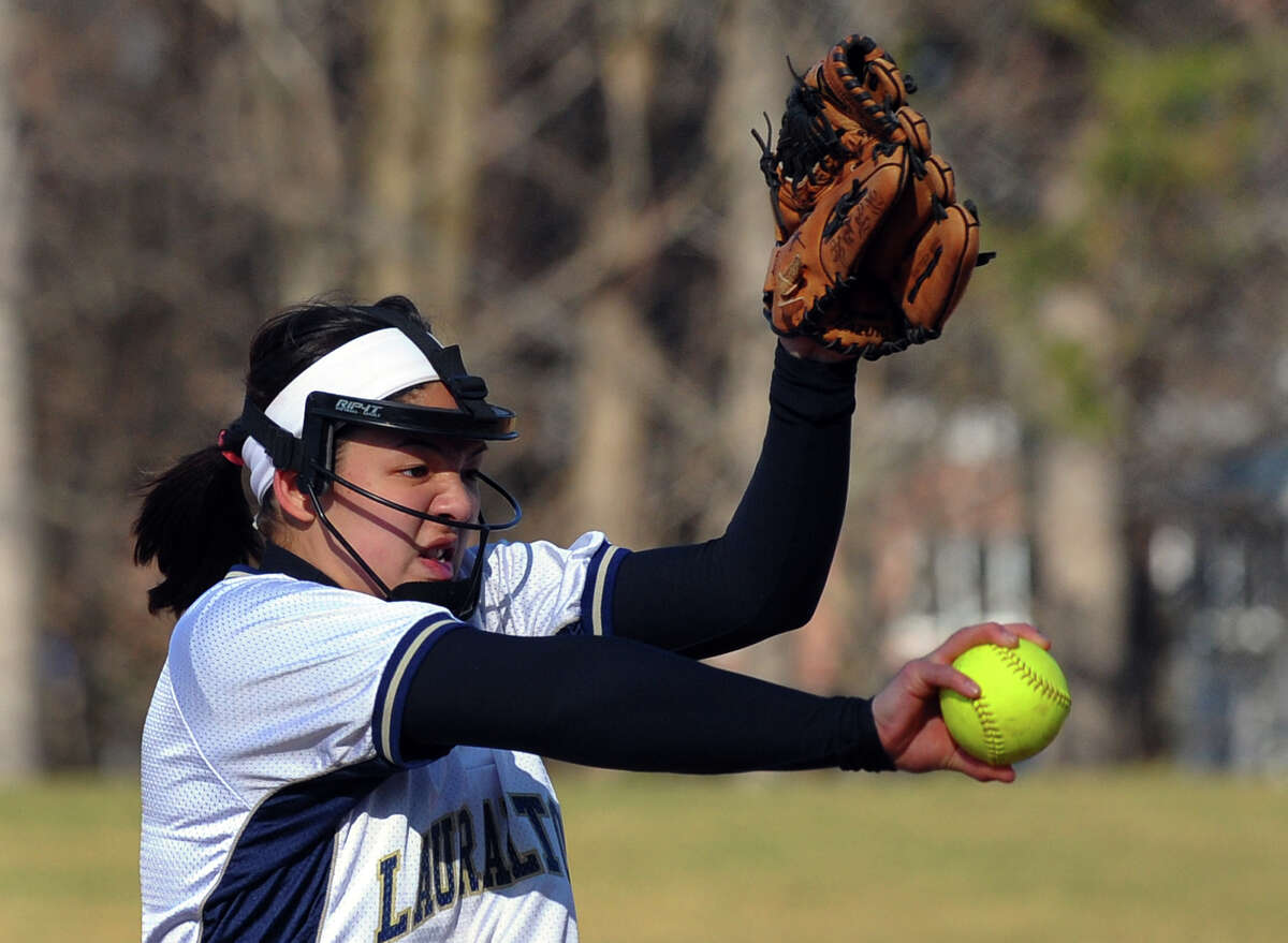 Lauralton Hall's Haley Congdon pitches against Trumbull, during softball action in Milford, Conn. on Wednesday April 3, 2013.