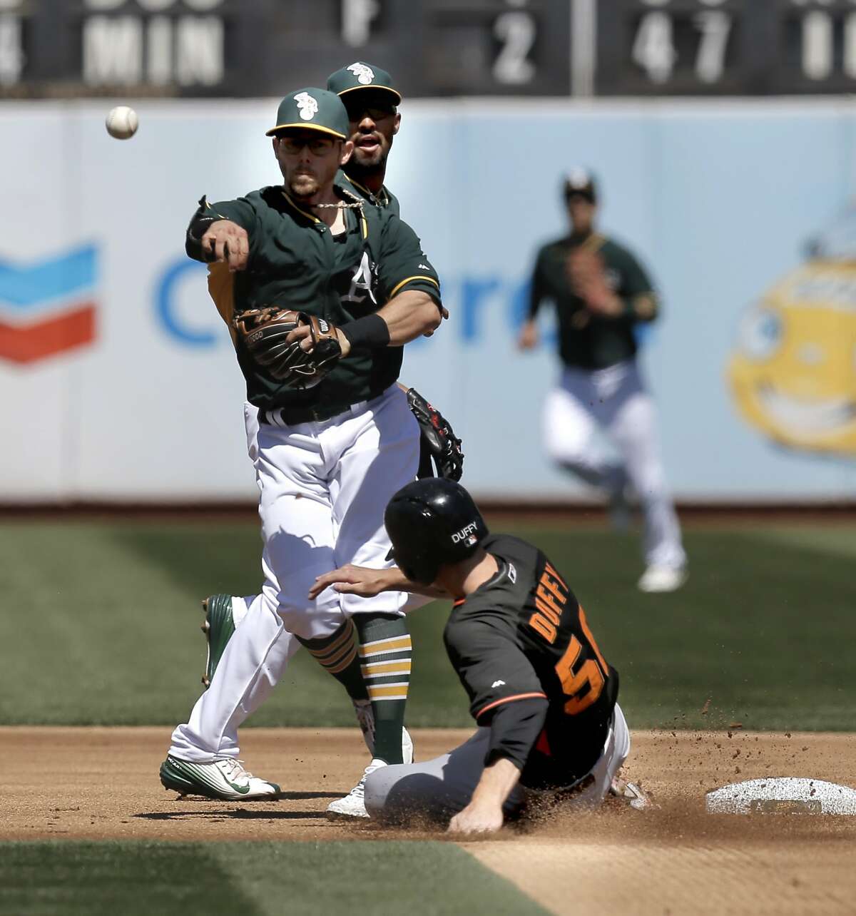 A's Eric Sogard, turns a double play forcing Matt Duffy at second base and getting Angel Pagan at first base in the 1st inning, as the Oakland Athletics take on the San Francisco Giants in of game three of the Bay Bridge Series at O.co Coliseum in Oakland, Calif., as seen on Sat.. April 4, 2015.
