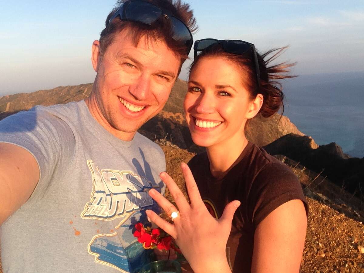 KHOU weatherman Brooks Garner is pictured moments after proposing to Erica Harness in California over the weekend.