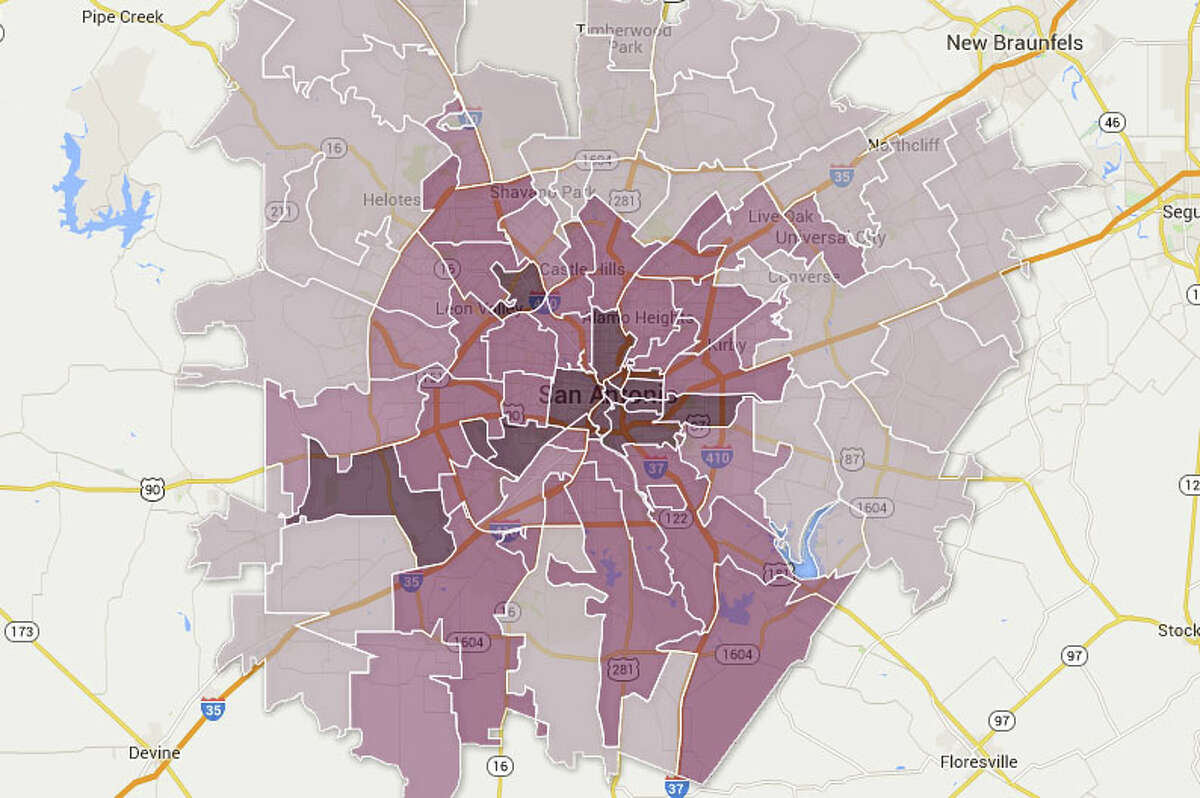 2. Singles in San Antonio This may not be much of a surprise, but the outer areas of the city are where the majority of the population is married. As you near downtown, to the darker areas on the map, the concentration of singles intensifies to a high of 96.4% single according to the 2013 American Community Survey.Related: San Antonio named best place for single men