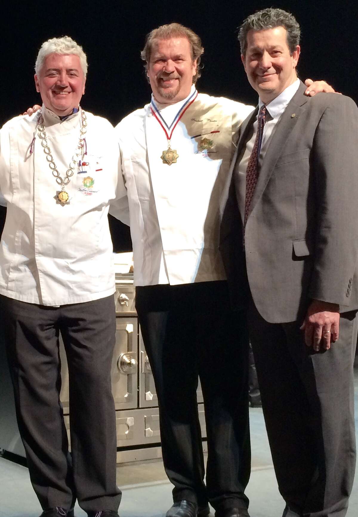 Master chefs of France Jean-Louis Dumonet, left, Frederic Perrier and Gérard Bertholon at Biarritz, France.