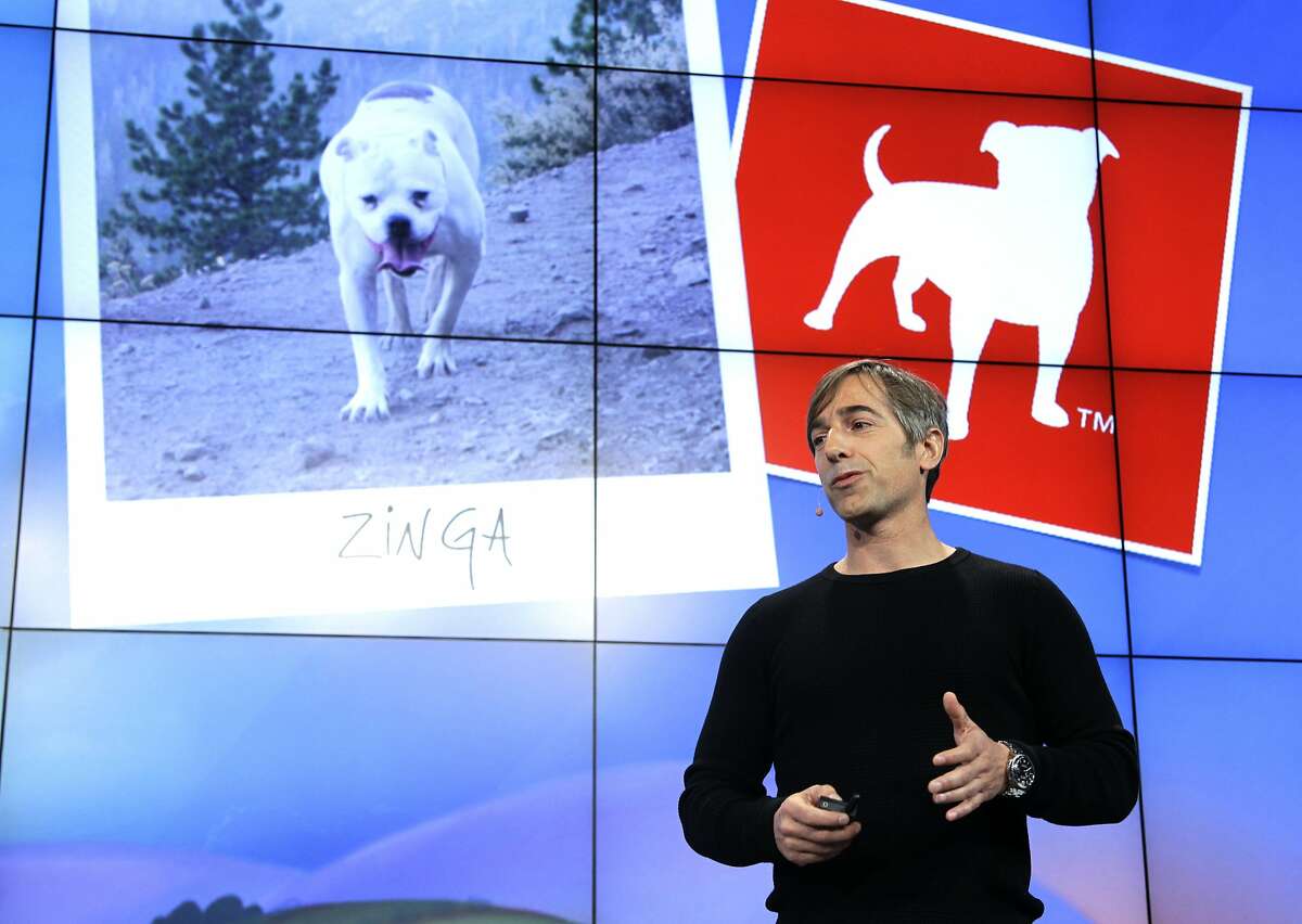 FILE - In this Tuesday, June 26, 2012, file photo, Zynga CEO Mark Pincus talks about the Zynga logo during an announcement at Zynga headquarters in San Francisco. Effective Wednesday, April 8, 2015, Pincus is back as CEO of Zynga, the online game company he founded and two years ago turned over to Don Mattrick, the former head of Microsoft's Xbox division. (AP Photo/Paul Sakuma, File)