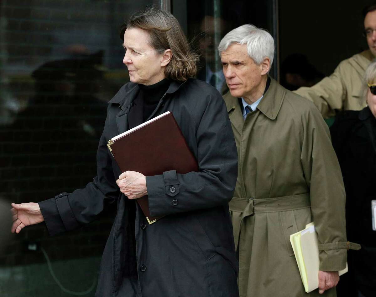 Defense attorneys Judy Clarke, left, and David Bruck leave federal court Wednesday, April 8, 2015, in Boston where their client Dzhokhar Tsarnaev was convicted on multiple charges in the 2013 Boston Marathon bombing. Three people were killed and more than 260 were injured when twin pressure-cooker bombs exploded near the finish line. (AP Photo/Steven Senne) ORG XMIT: BX103