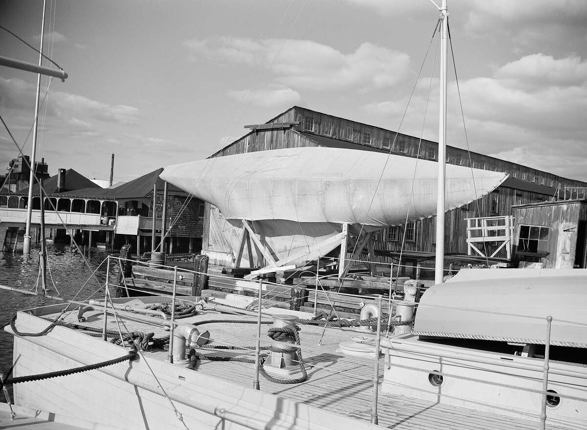 Out of commission for the duration of the war, a pleasure yacht is laid up in Stamford at the Luders yard, which during the was was making subchasers and other Navy boats exclusively.