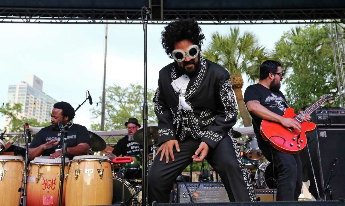 Brownout Presents Brown Sabbath's Alex Marrero performs with the group during the 2015 Maverick Music Festival at La Villita.