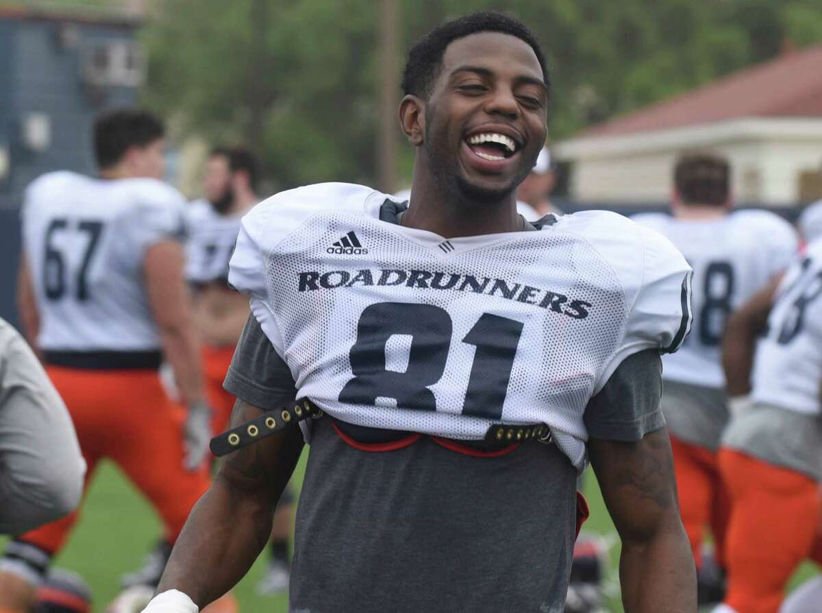 UTSA wide receiver Kenny Bias smiles after an open practice on campus on on April 11, 2015.