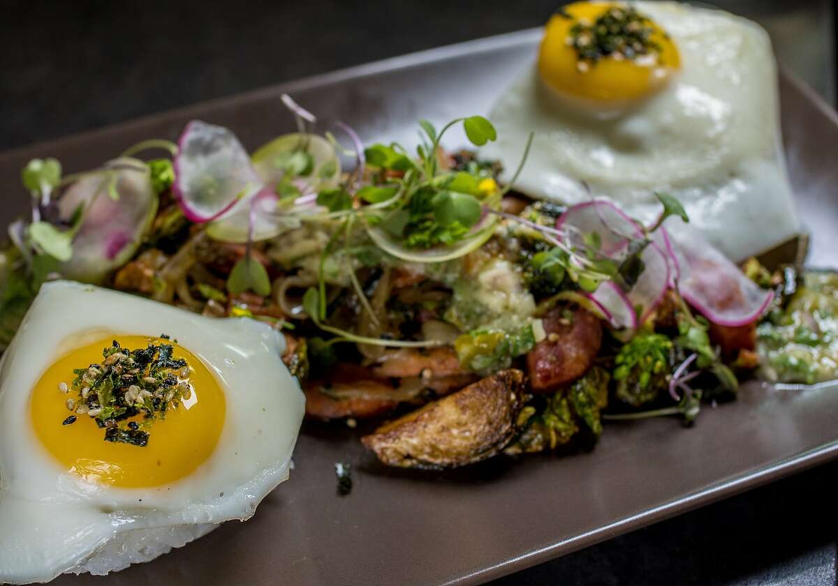 Portuguese sausage with Brussels Sprout hash at Aina in San Francisco, Calif., is seen on Saturday, April 11th, 2015.