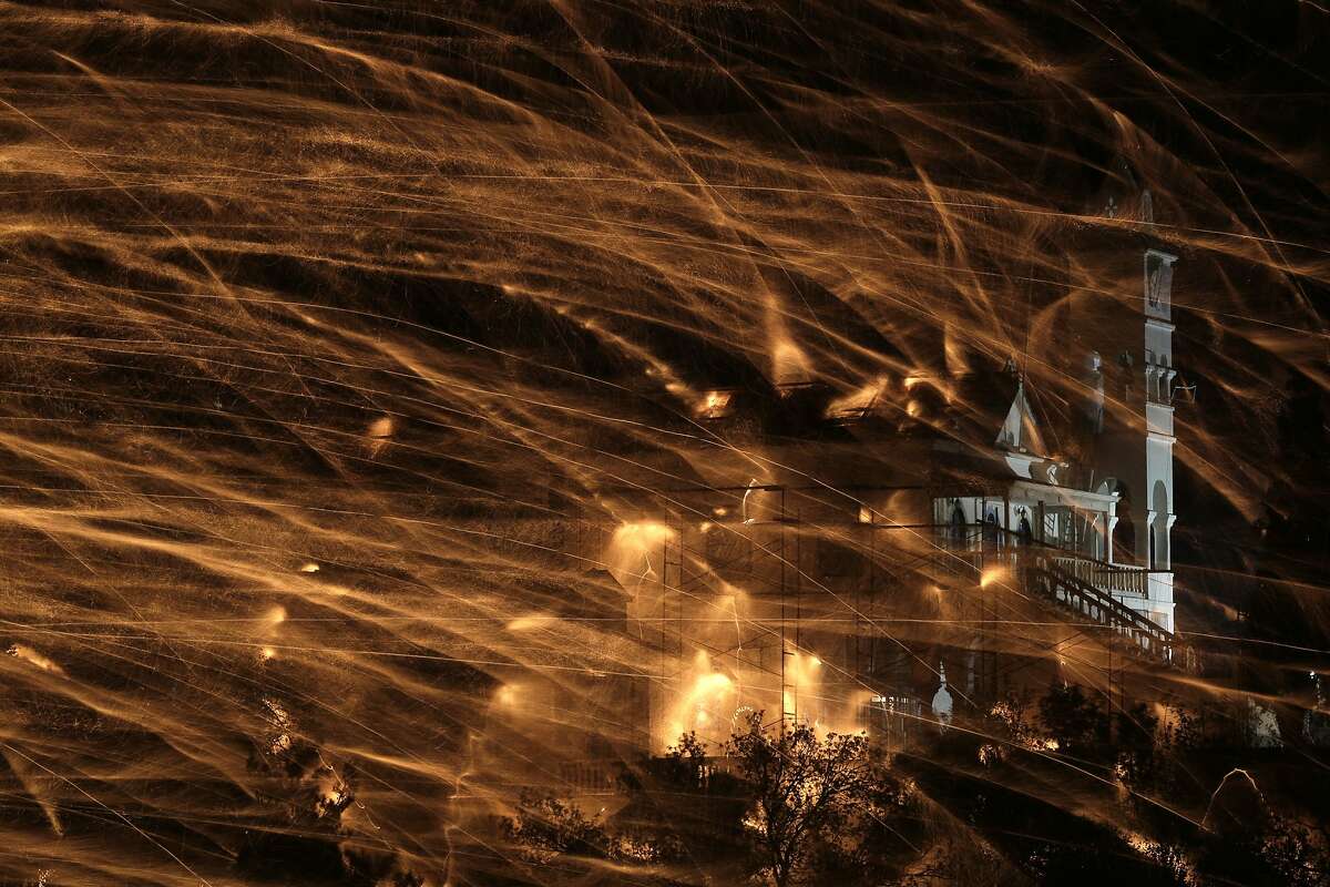 Hamndmade firework rockets target Panagia Erithiani church during Greek Orthodox Easter celebrations on the eastern Aegean island of Chios, Greece, late Saturday, April 11, 2015. Thousands of handmade rockets are fired every year on Great Saturday night, before the Resurrection, by locals of the two rival churches of Agios Markos and Panagia Erithiani, in the village of Vrontados. 
