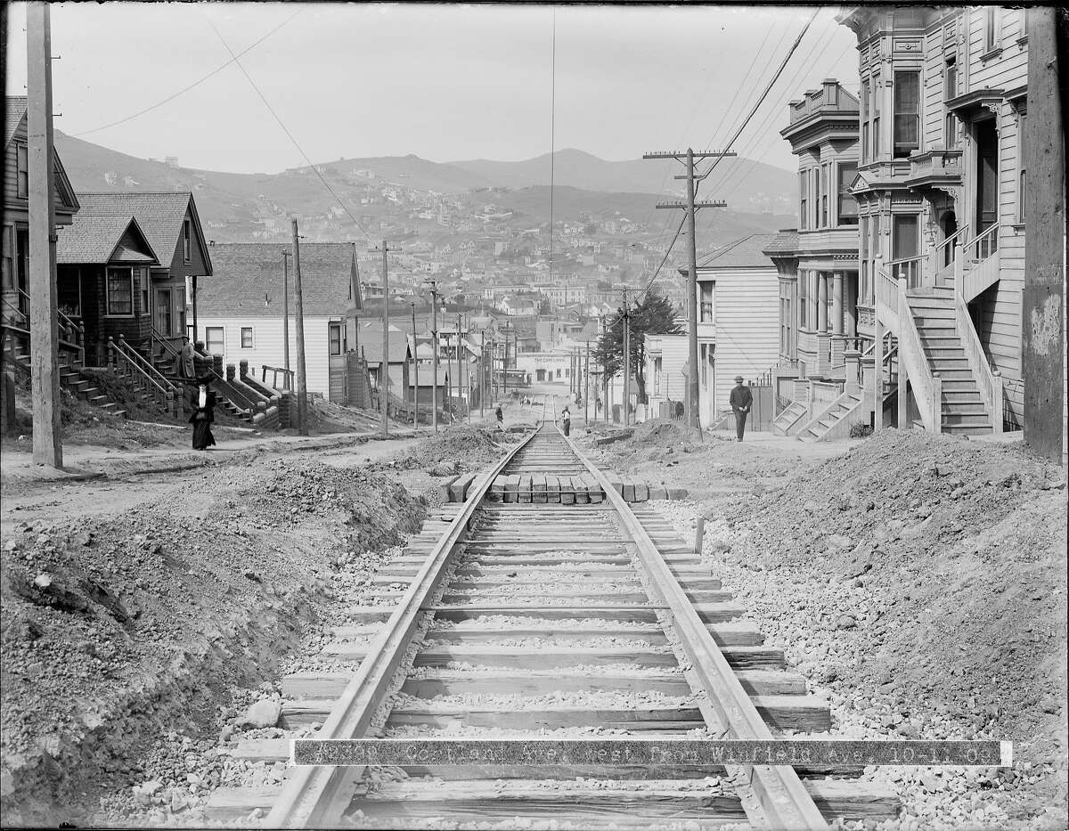 Cortland Avenue looking west to Mission Street where street car tracks are being laid. Streetcar Track Construction on Cortland Avenue West from Winfield Street | October 11, 1909