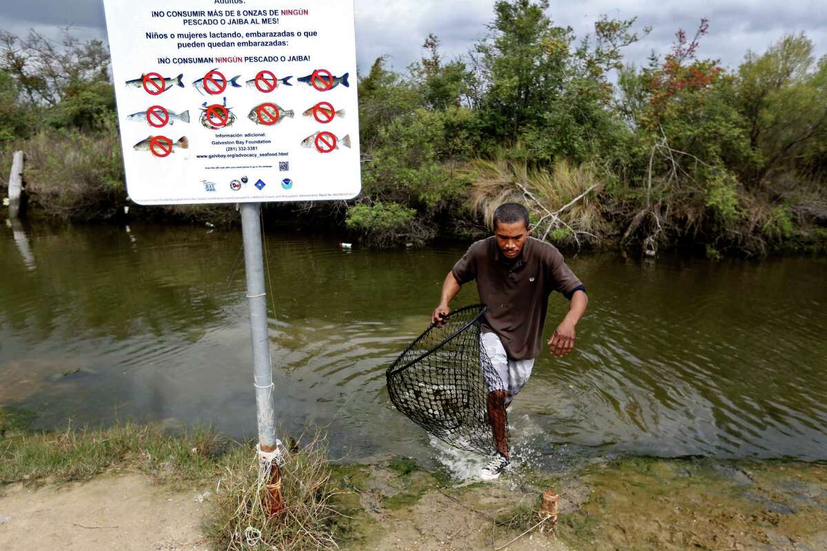 John Fuller of Houston ignores a sign that warns against eating fish from the area while crabbing recently along the East Freeway Service Road just west of the San Jacinto River Waste Pits.﻿