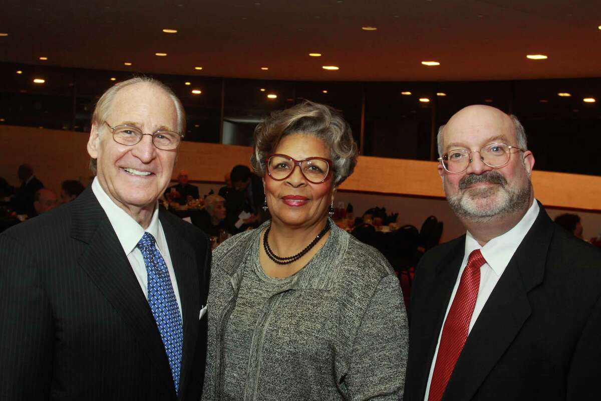 (For the Chronicle/Gary Fountain, November 14, 2013) Jerry Axelrod, chair for ADL Southwest Region, from left, honoree Rep. Senfronia Thompson, and Martin Cominsky, ADL regional director, at the Anti-Defamation League's "Houston in Concert Against Hate."