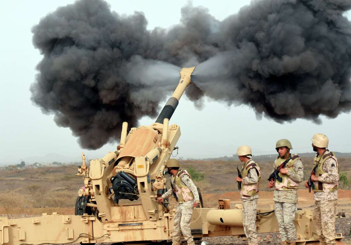 Saudi soldiers fire artillery from near the border with Yemen as part of a campaign to rout Houthi rebels.