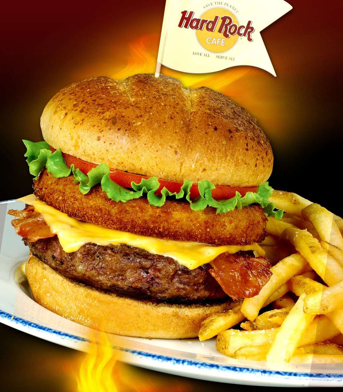 A burger from Hard Rock Cafe.