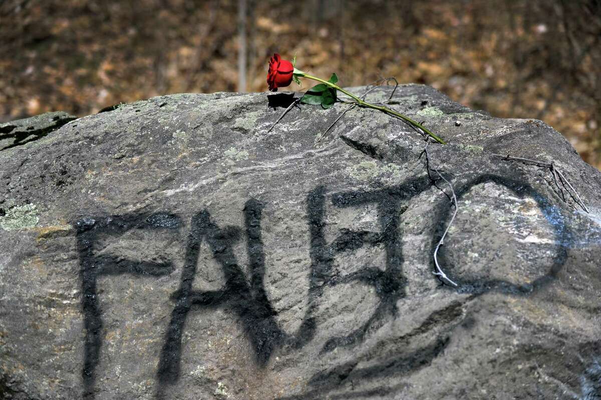 Fausto De Los Santos, 17, a student at Henry Abbott Technical High School, was killed in a one-car accident in Danbury, Conn. Sunday morning. Flowers, balloons and other tributes can be seen at the scene of the accident, Monday, April 13, 2015.