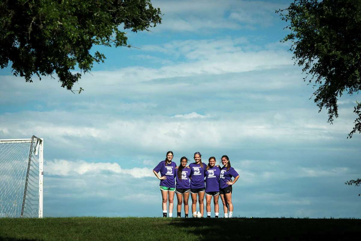 The top goal scorers for the Boerne High School girls soccer team this year are from left, junior Emily Blaettner, sophomore Marissa Fernandez, senior Skylar Vanover, sophomore Paige Marcell, and freshman Cassidy Miller pose for a portrait on April 13, 2015 in Boerne.