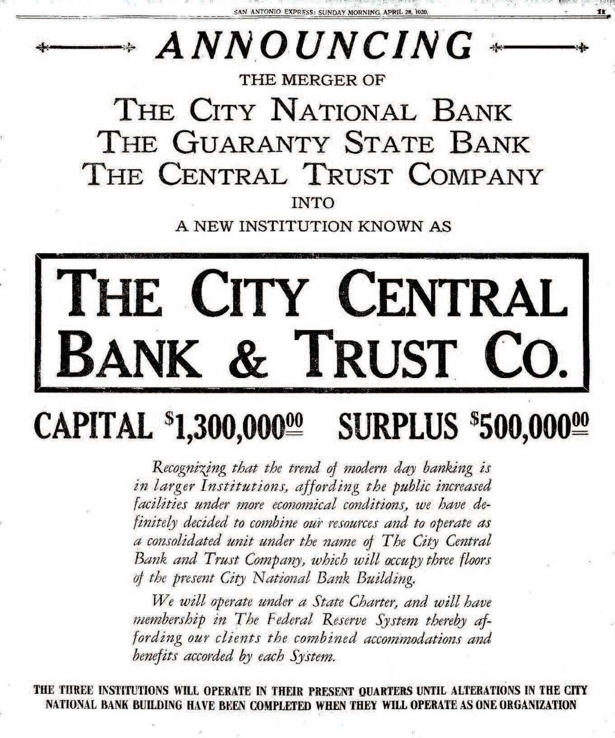 An ad in the San Antonio Express announces the merger of the three banks and its combined assets.