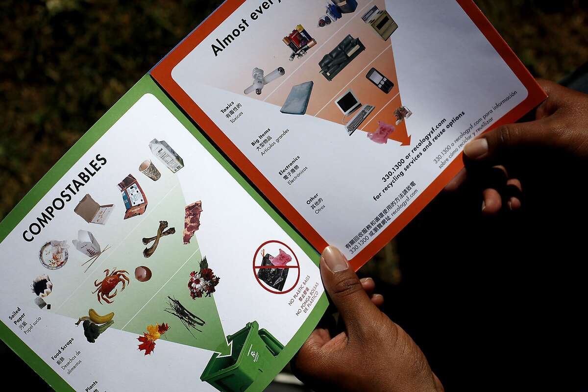 Handouts to train volunteers at a new pop-up recycling and composting location meant to curb the trash problem at Dolores Park in San Francisco, Calif., on Wednesday, April 15, 2015.