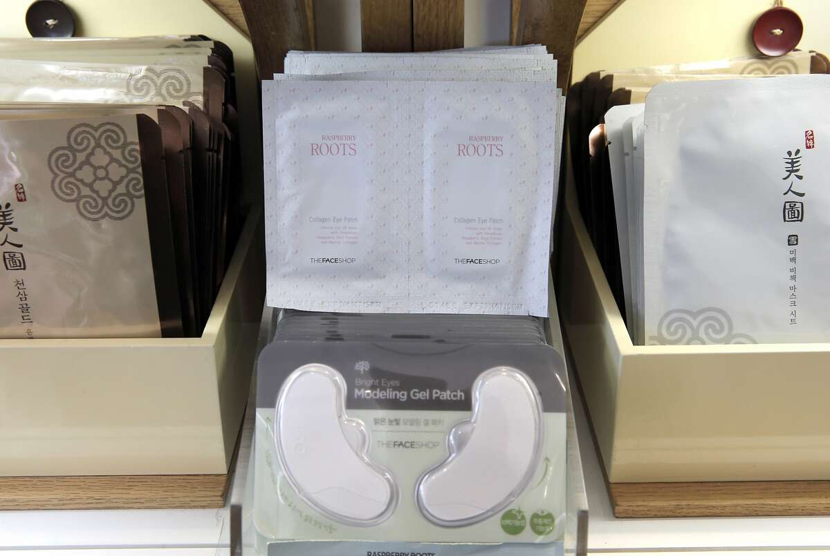 Collagen eye patches and face masks at the Face Shop in San Francisco, Calif., which specializes in Korean beauty items on Wednesday, April 15, 2015.
